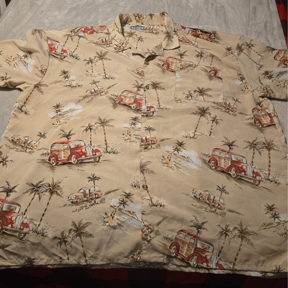 Sun Casuals Hawaiian Aloha Large Shirt Woody Wagon Car Palm Trees Beach